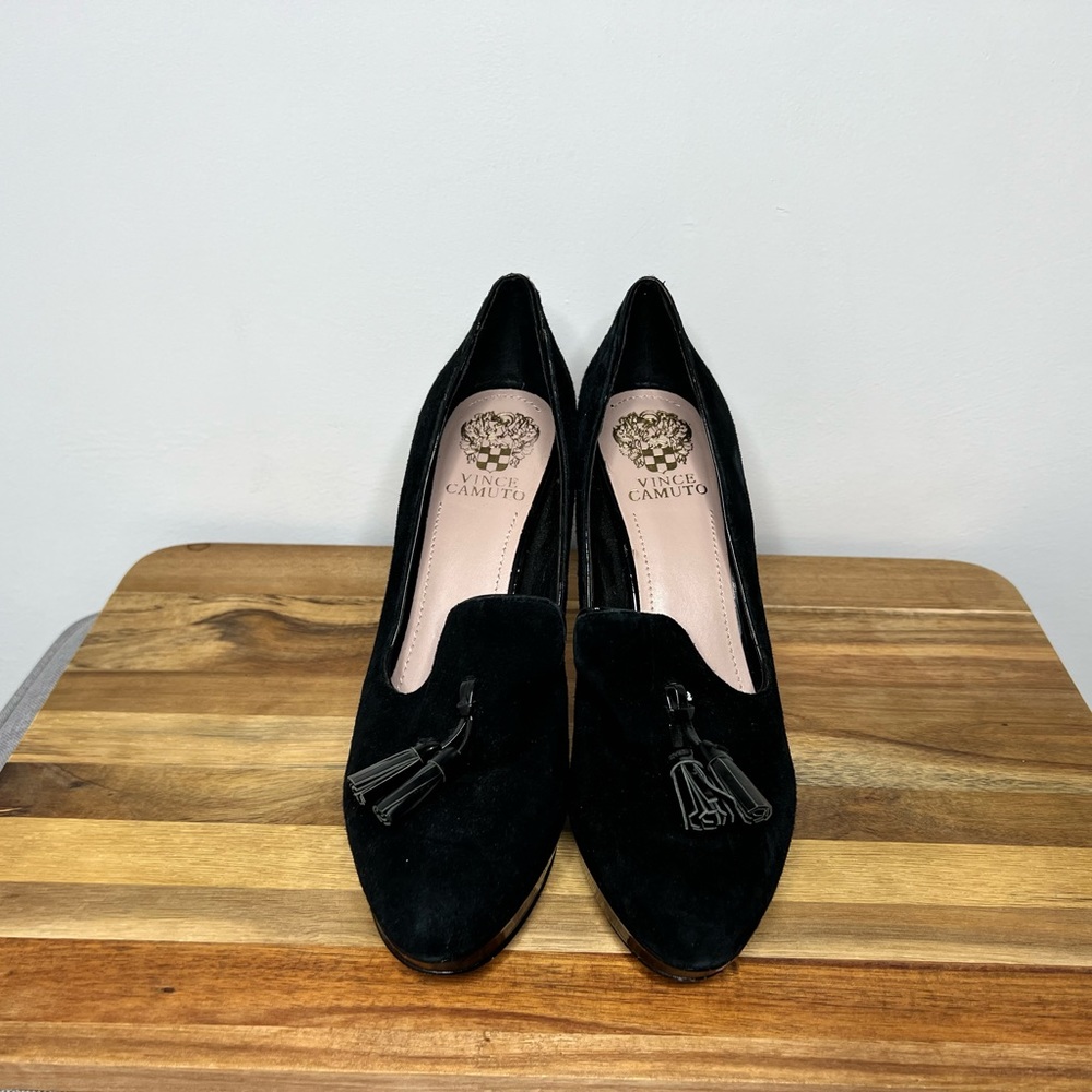 VINCE CAMUTO Emmi Black Suede Loafer Tassel Pumps